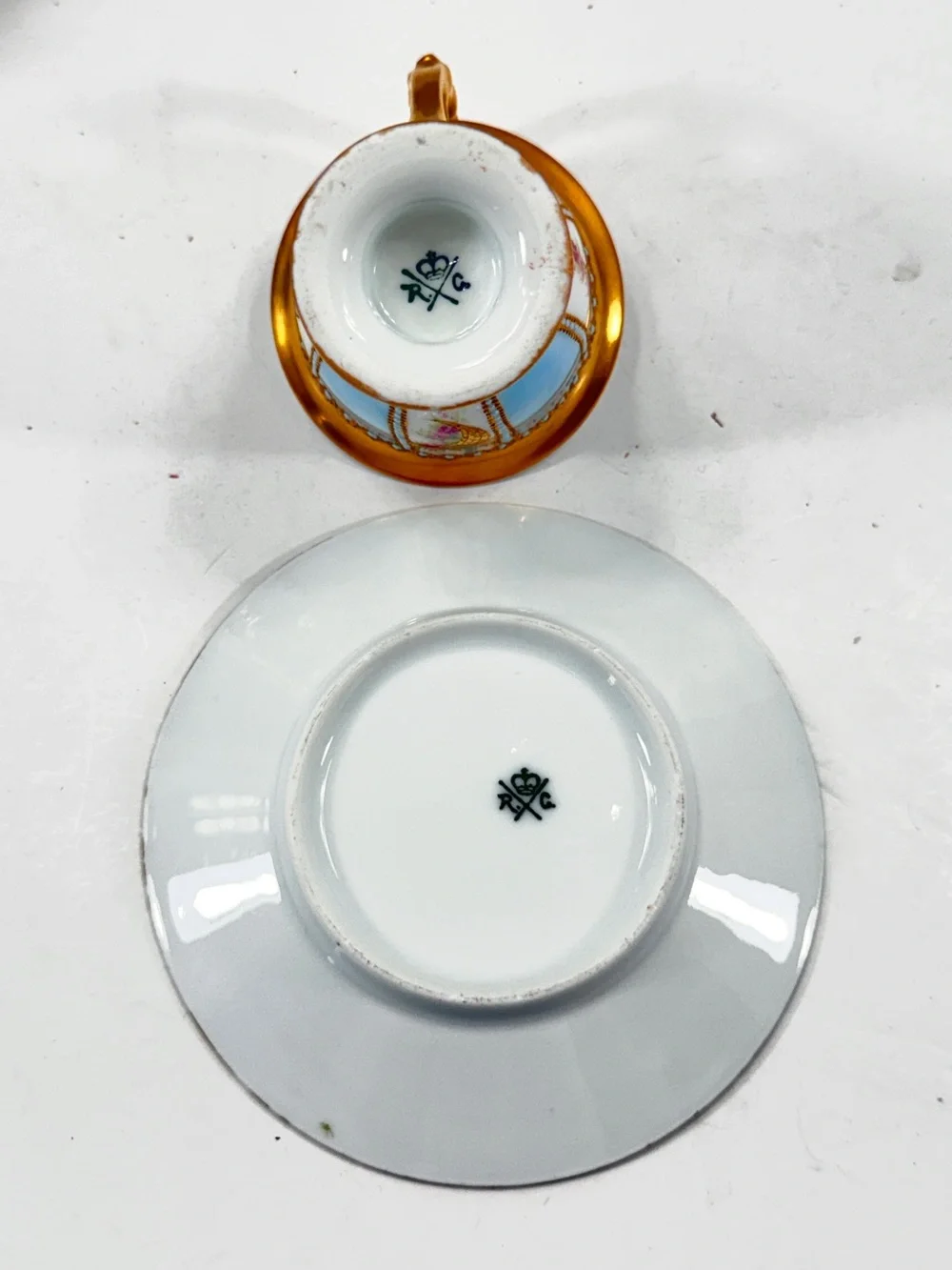 SUPER RARE Antique 1900s Rosenthal Tea Cup Saucer Set Sky Blue Gold Swan Handle